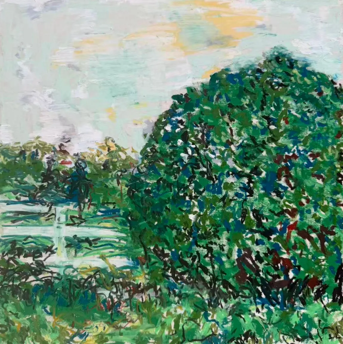 A large round tree in dense green and blue marks beside a white fence, under a pale sky streaked with yellow.